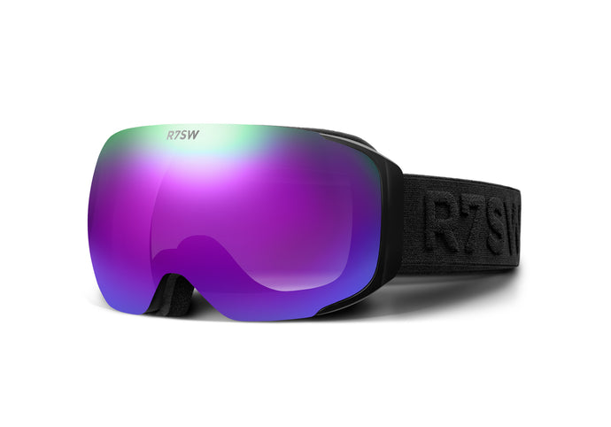 Recycled plastic goggles with purple magnetic lens and black frame. 