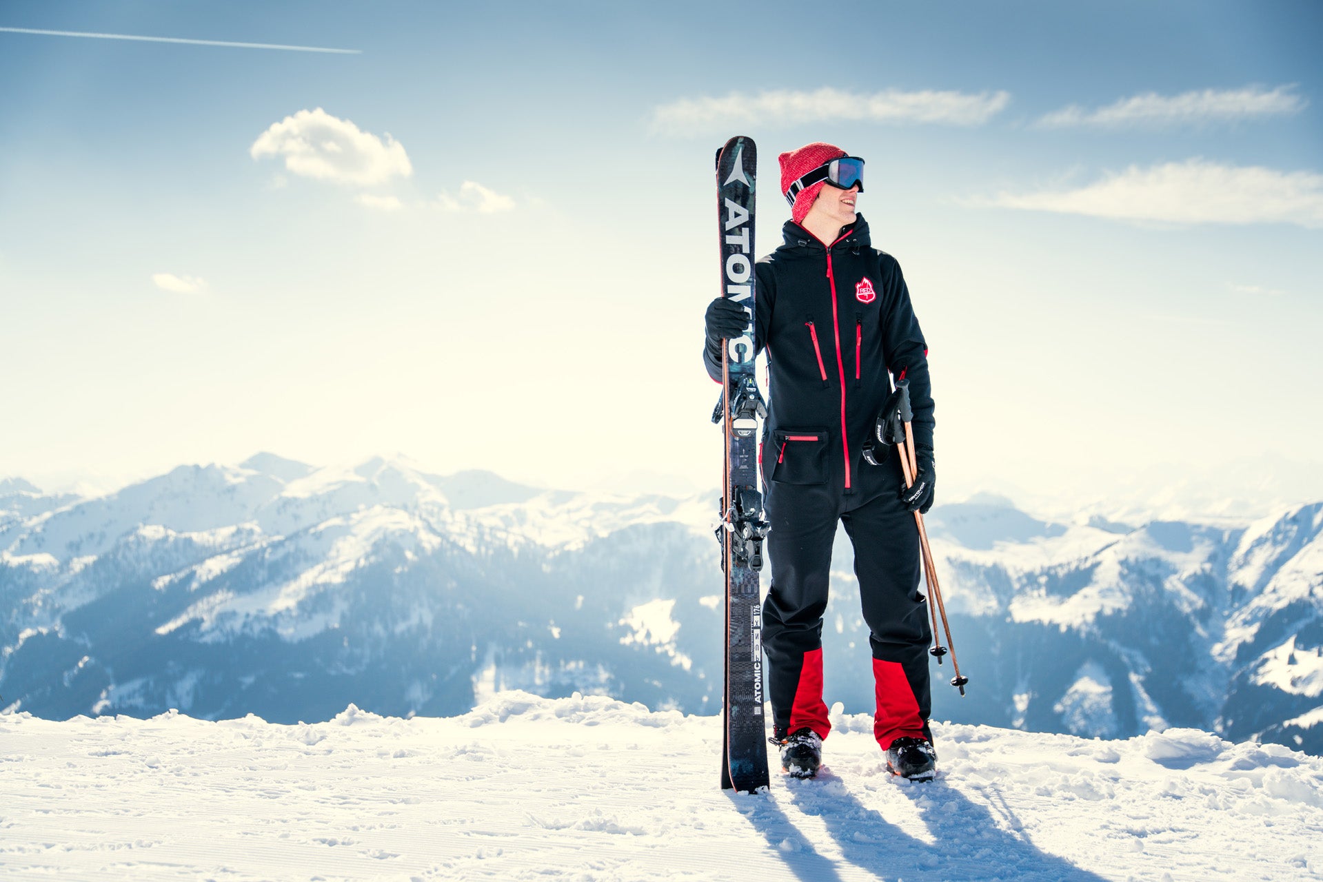 Ski suit slim fit REMBRA - Black with red stripes skinny ski